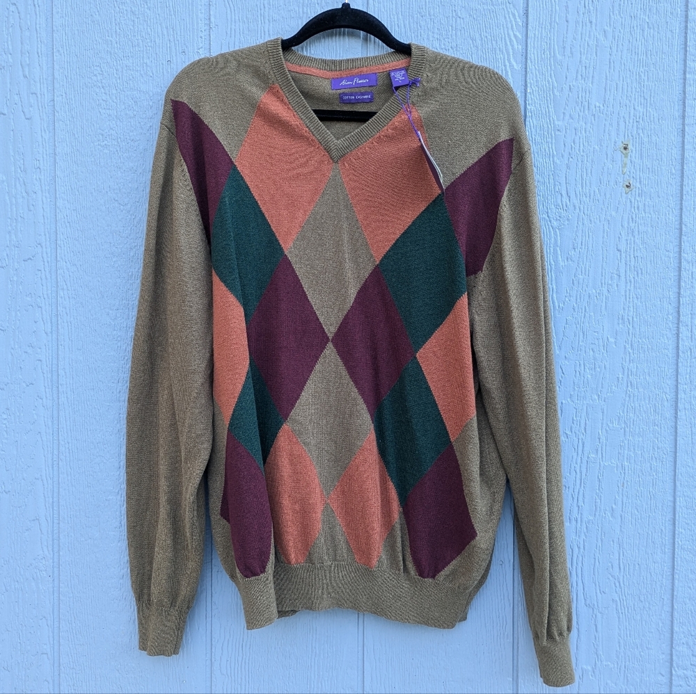 Alan Flusser Cotton Cashmere Argyle Pullover Sweater Medium Multicolor